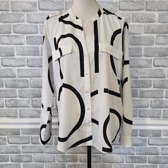 Calvin Klein Logo Blouse Top White Black Classic Button Front Large Flowy Relax - Picture 1 of 8
